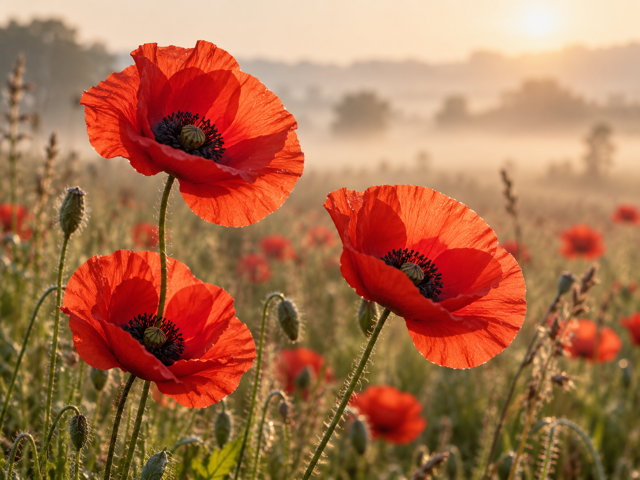 Red field poppies with delicate petals and dark centres in a quiet meadow