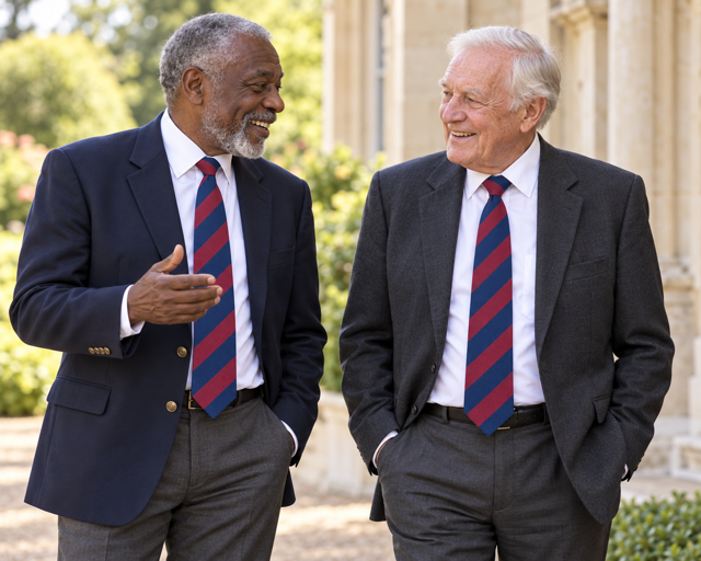 AI-created scene of two fictional veterans wearing Brigade of Guards ties at a reunion